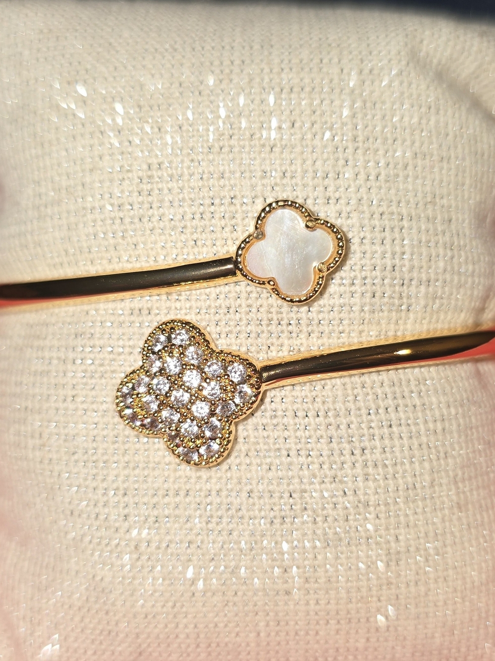 Gold Clover Open Cuff Bracelet with Mother-of-Pearl and Crystal Accents
